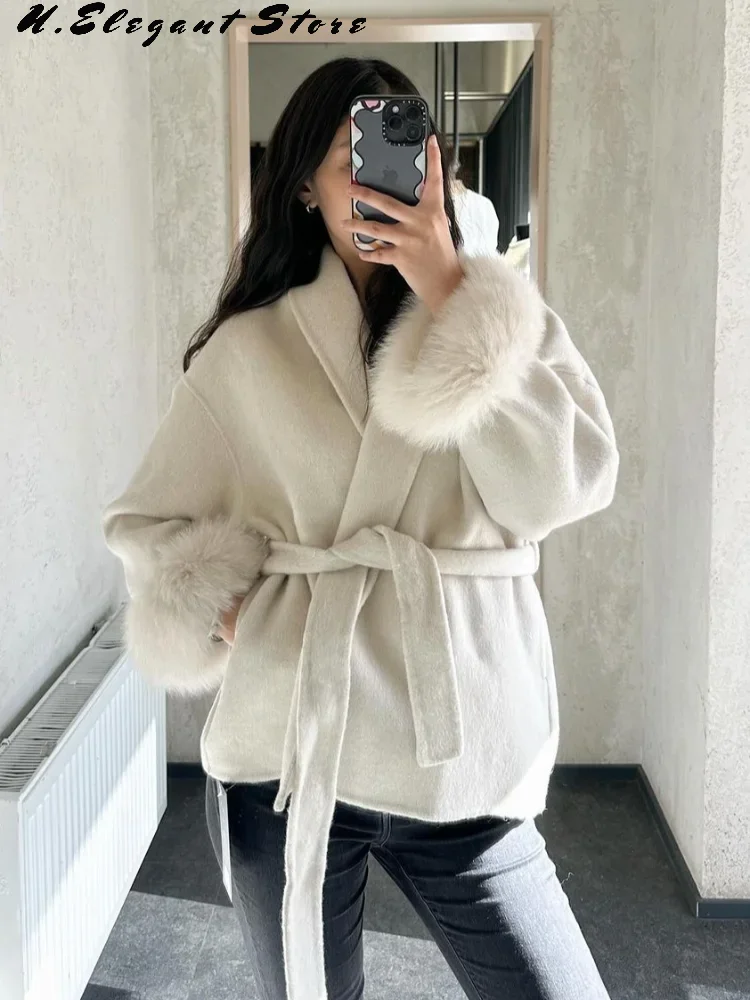 Elegant Burgundy Lace Up Coat Fashion Lapel Solid Cape Coat Faux Fur Cuffs Casual Solid Jacket 2025 New Lady Fashion Street Wear