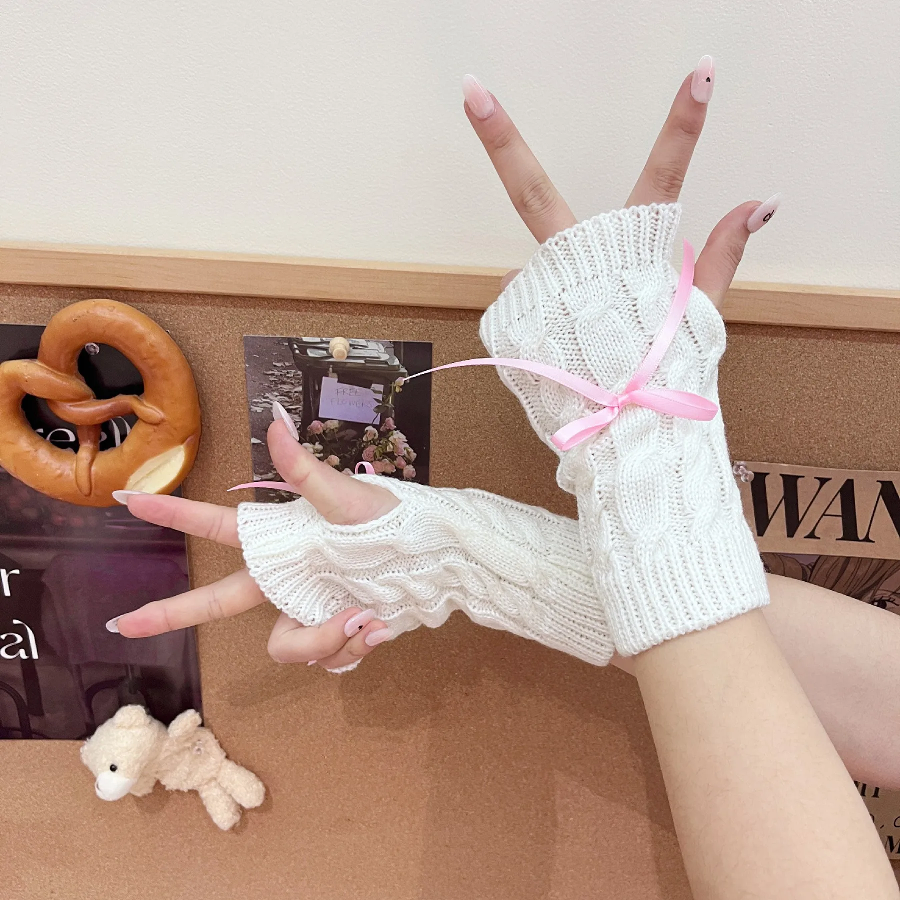 Women Cute Cable Knit Fingerless Gloves Pink Bow Ruffle Edge Warm Winter Half Finger Arm Warmers Sweet Ballet Aesthetic Gloves