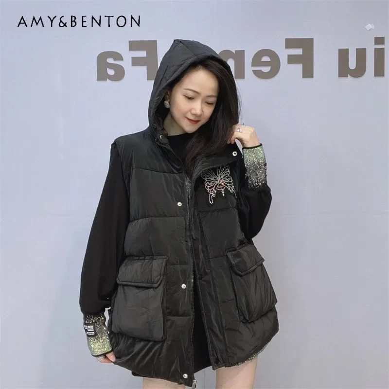 

Diamond-encrusted Cotton-padded Waistcoat Outer Wear Women's 2024 New Winter Oversized Hooded Vest Cotton Jacket Sleeveless Coat