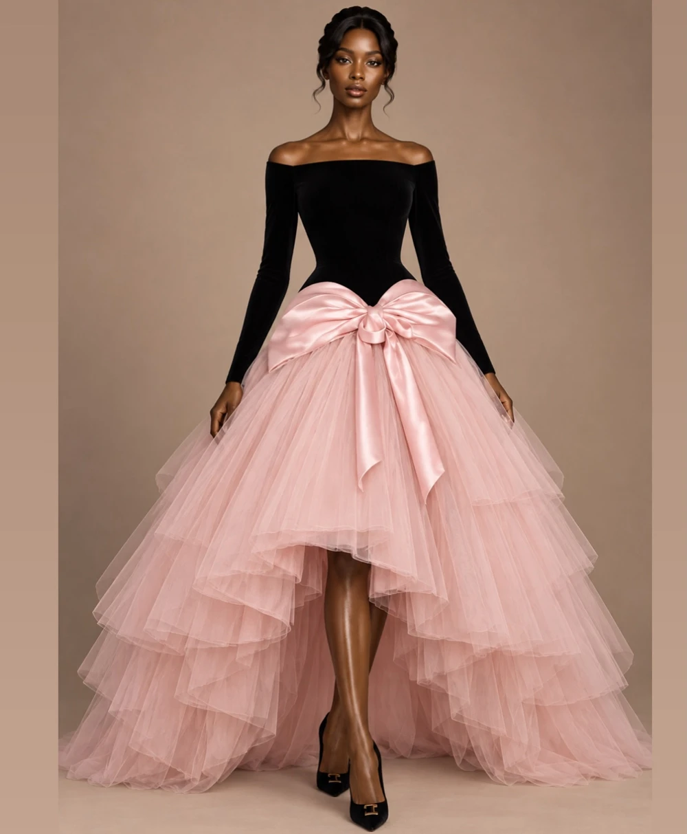 Women's Pink Tulle Tiered High Low Skirt Princess Puff Fairy Skirt High Waist Satin Bow A-line Wedding Party Prom Skirt