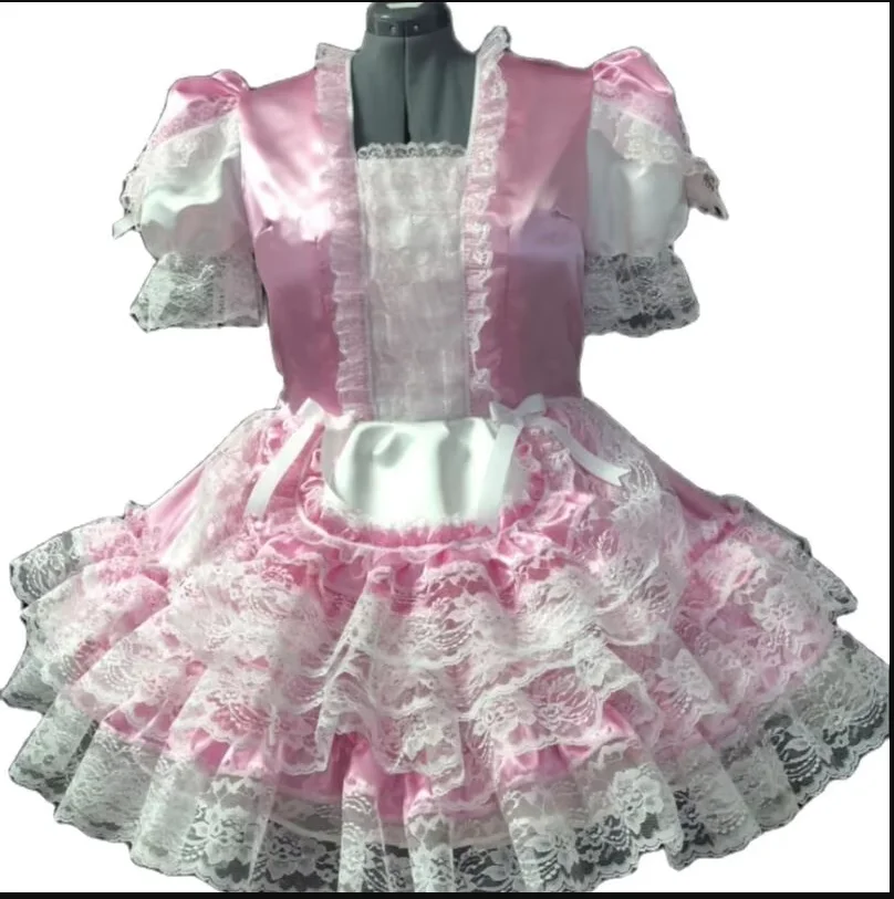 

Hot Selling French Maid Pink Satin Sissy Lolita Adult Baby Round Neck Bubble Sleeve Independent Apron Cosplay Clothing Customiza