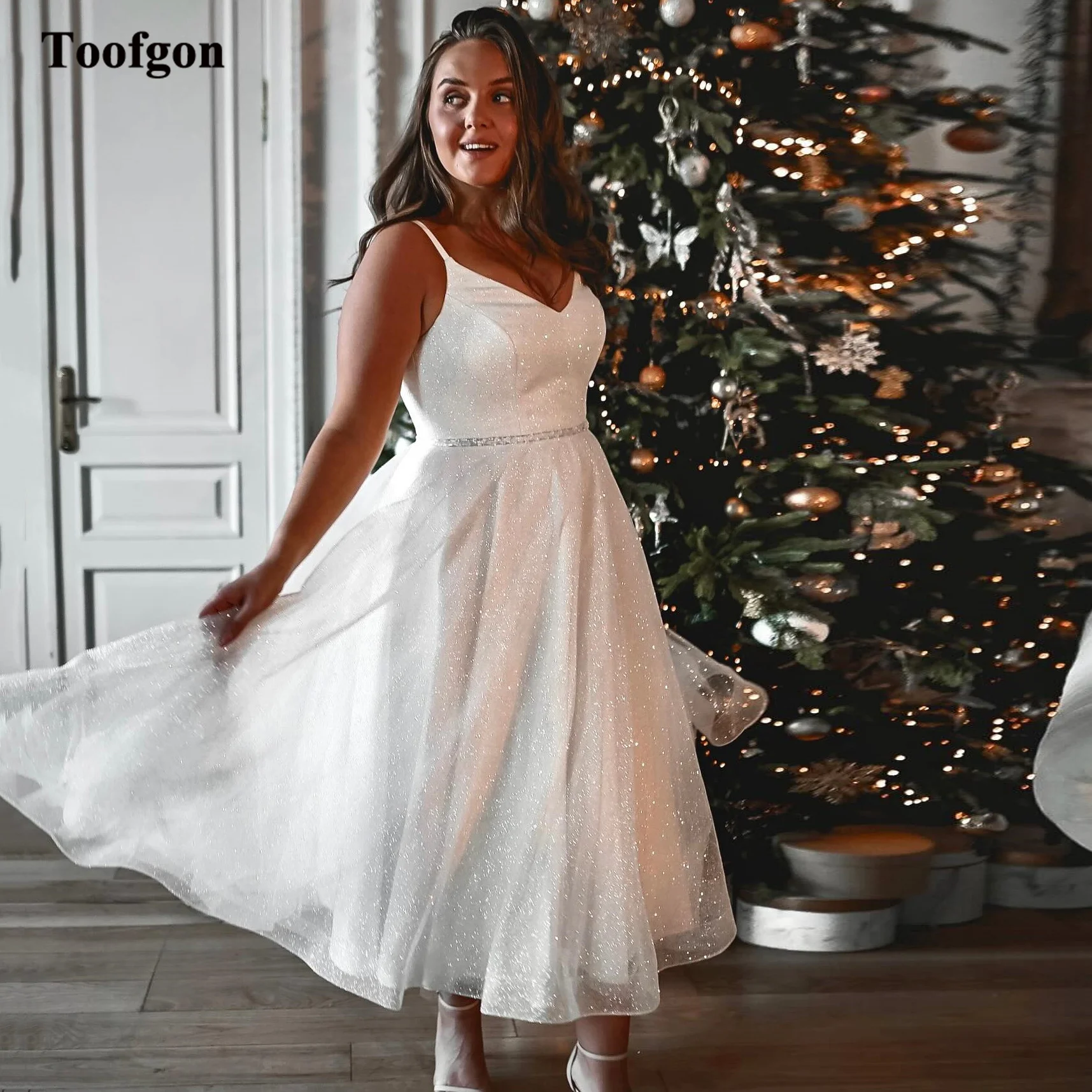 Toofgon Sparkly Tulle A Line Wedding Dresses Spaghetti Straps V-Neck Ankle Length Formal Bride Dress Women Party Bridal Gowns