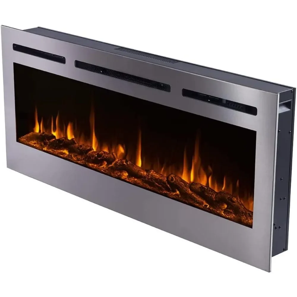 

60 Inch Stainless Steel Electric Fireplace, 5 Flame Settings, Log & Crystal Hearth Options, Recessed Electric Fireplace