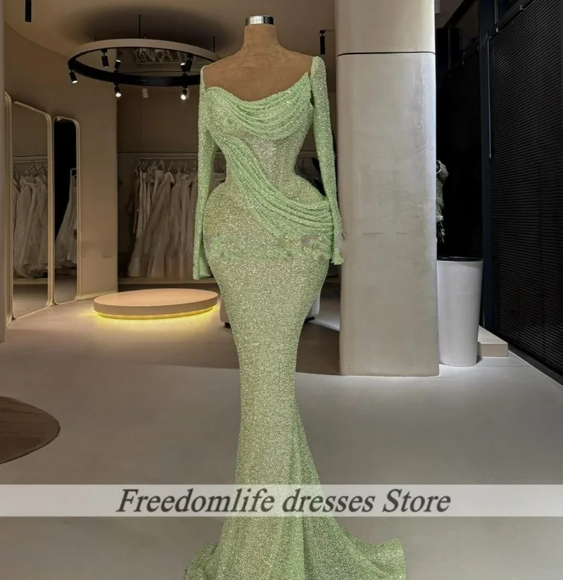 Mintgrüne Abendkleider für Damen 2026 Afrikanisches Charmantes Meerjungfrauenkleid mit langen Ärmeln Paillettenbesetztes Partykleid Ballkleider Maßanfertigung