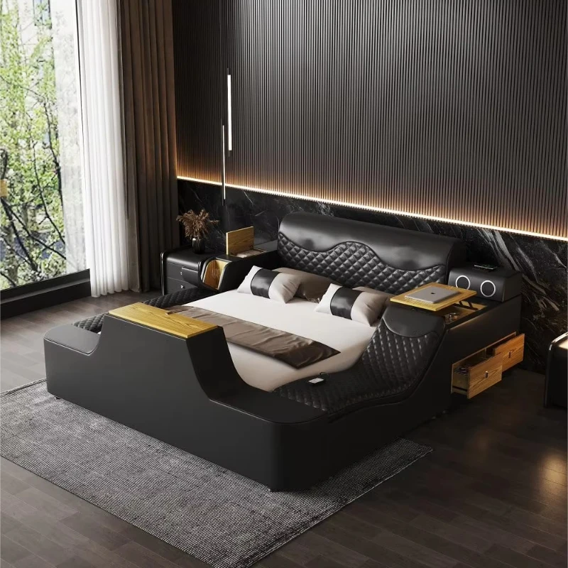 Bedroom Smart TV Bed With Small Refrigerator Cupholder Massage Chair Drawers