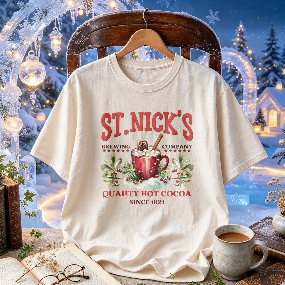 BUBU DUDU St Nick's Brewing Company Hot Cocoa Christmas Graphic T Shirt Vintage Xmas Hot Chocolate Print Crew Neck Holiday Tees