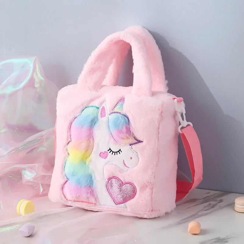 Bolso de hombro de felpa con dibujos animados para niños, bolso escolar de piel colorida, unicornio bordado, arcoíris, moda de alta calidad