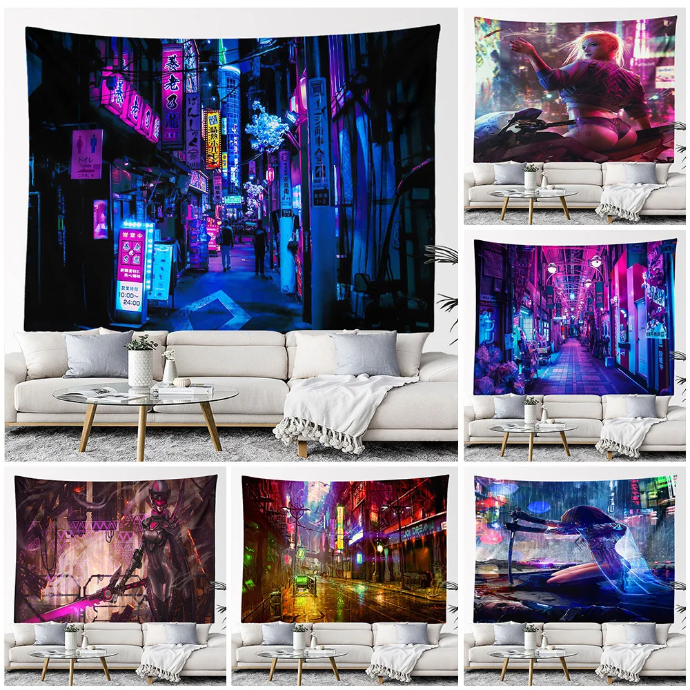 Cyberpunk Anime Tapestry,Wall Hanging,Kawaii Room Decor,Hippie,Large Fabric Wall Tapestry,Aesthetic Dorm Bedroom Decoration,Home