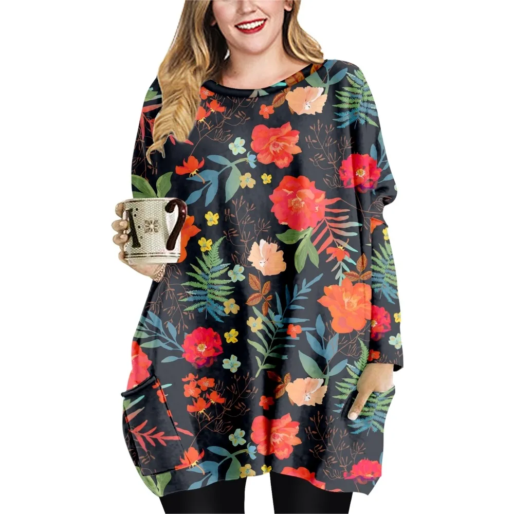 NEUE Rosen Druck Frühling Herbst Lose Beiläufige Stil Damen T-shirt Doppel Tasche Kleid Rundhals Langarm Kleid