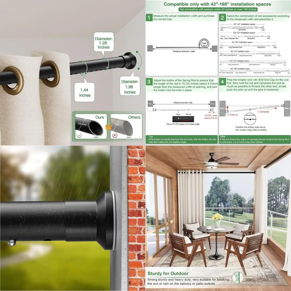 

Extra Long Heavy-Duty Spring Tension Shower Curtain Rod, 83-160 Inch, Matte Black, No-Drill Needed for Windows or Room Dividers