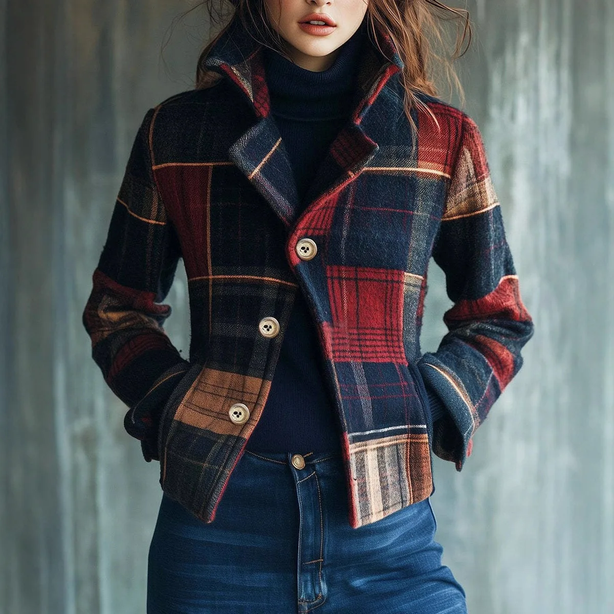 Autumn Winter Versatile Spliced ​​Button Suit Ropa Formal Mujer Vestes Femmes Plaid Print Women's Suit Collar Retro Warm Jacket