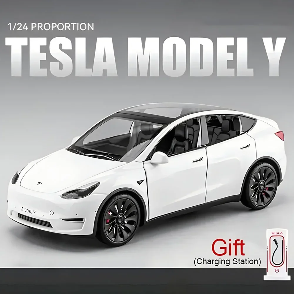 1/24 Scale Tesla Model Y Diecast Alloy Toys Models Car Simulation With Sound Light Pull Back Function Collection Boys Toy Gifts