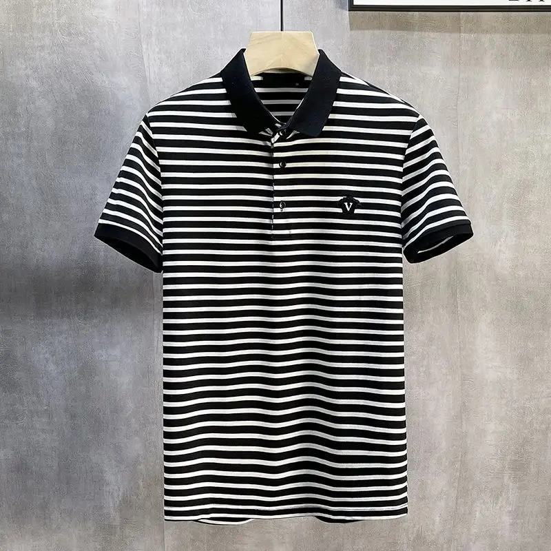 Men's Short-sleeved Polo Shirt Summer Striped Half-sleeve Shirt-collar Upper Clothing Men's Fashion Body Shirt