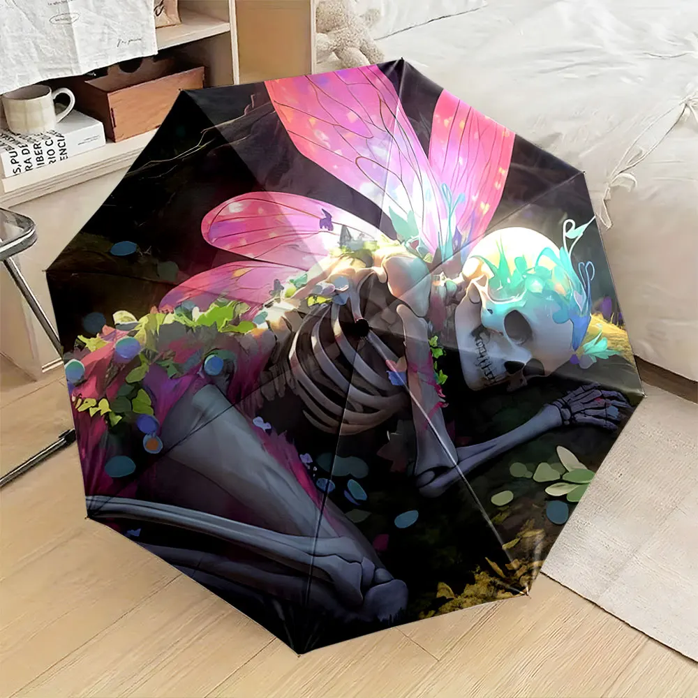 1PC Ethereal Skeleton Design Umbrella for Unique Style Print 8 Iron Ribs Folding Umbrella Auto-Open Fashion Sunshade