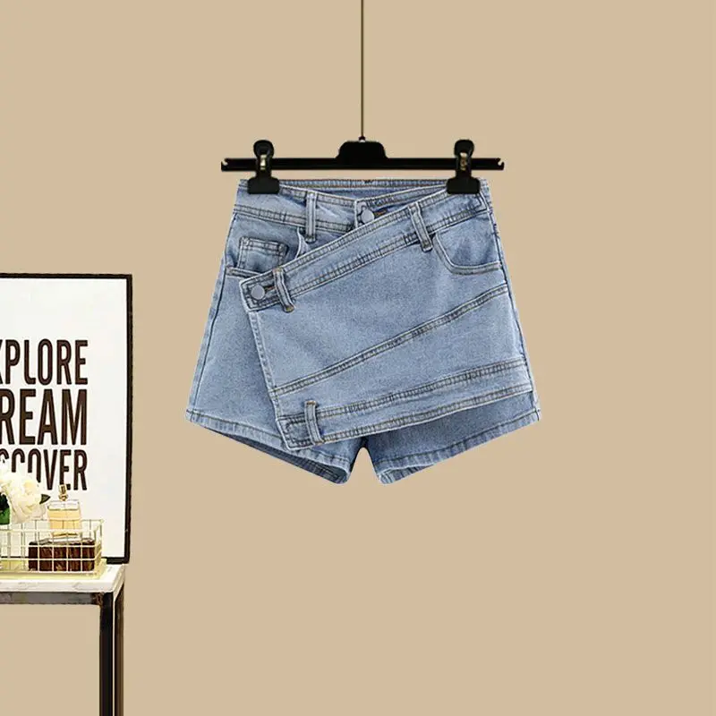 Spring and Summer Suit Women's 2023 New Korean Fake Two-piece Short-sleeved Shirt Irregular Denim Skirt Pants Two-piece Set