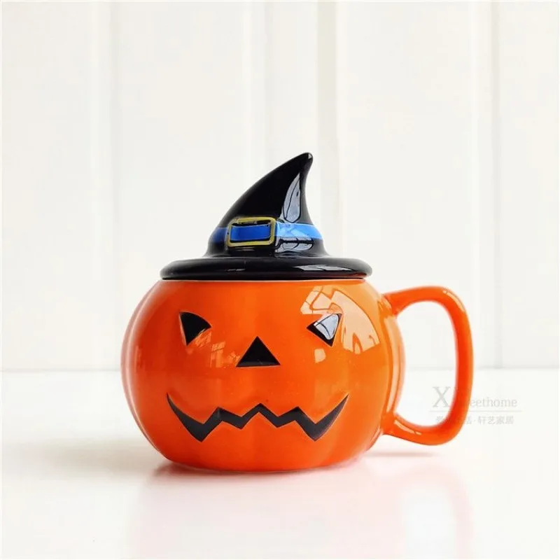 Taza de café con forma de calabaza Imp, Taza de cerámica, taza de desayuno de Halloween con tapa, taza de dibujos animados, decoración de