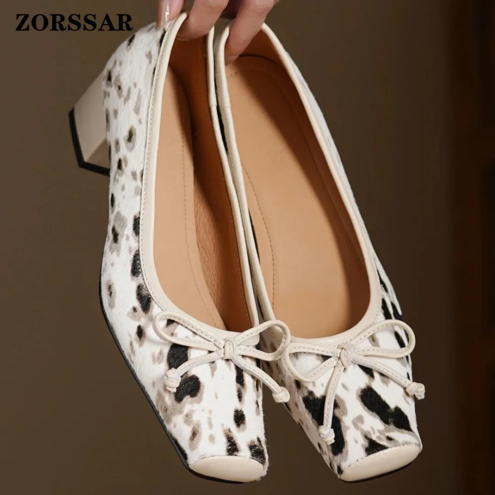 Women's Horsehair Square Toe Slip-on Pumps 4cm Thick Med Heel Elegant Ladies Sweet Bowtie Daily Dress Heeled Shoes for Woman Hot