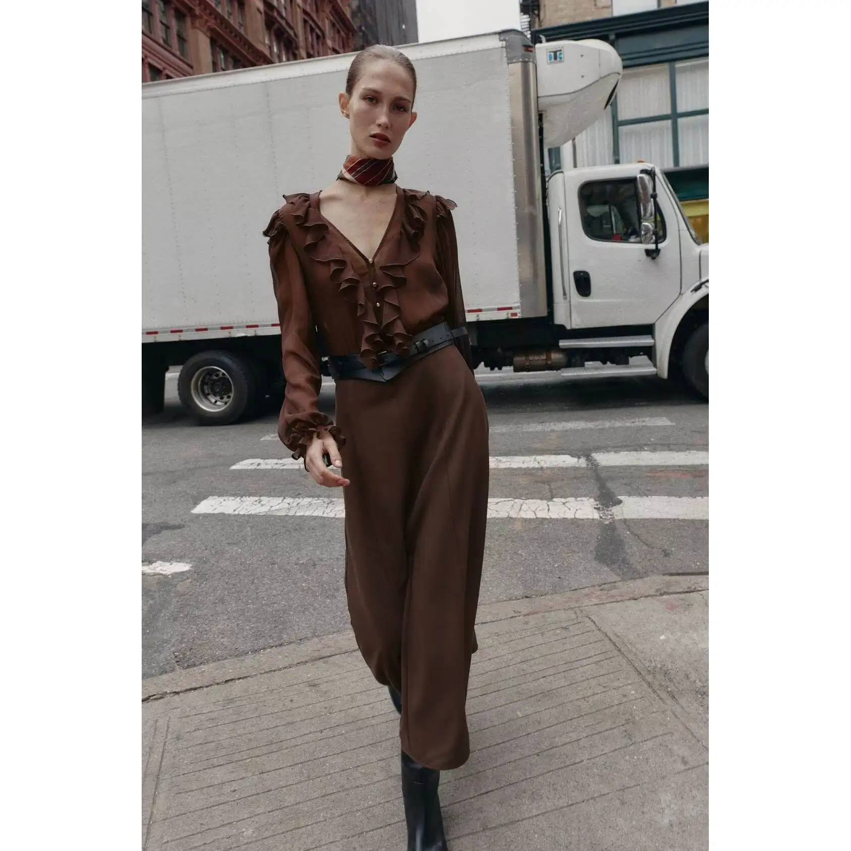 New Autumn Winter Women's Midi Dr with Belt ZR Sle Streetwear Long Sve V-Ne A-Line Skirt Ci Commute Suitable