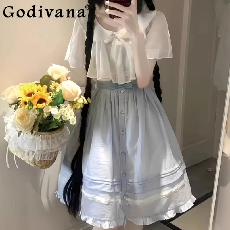 

Spring Summer New Japanese Sweet Peter Pan Collar Cute Dress Fashion High Waist A-line Fashion Versatile Age Reduction Dresses