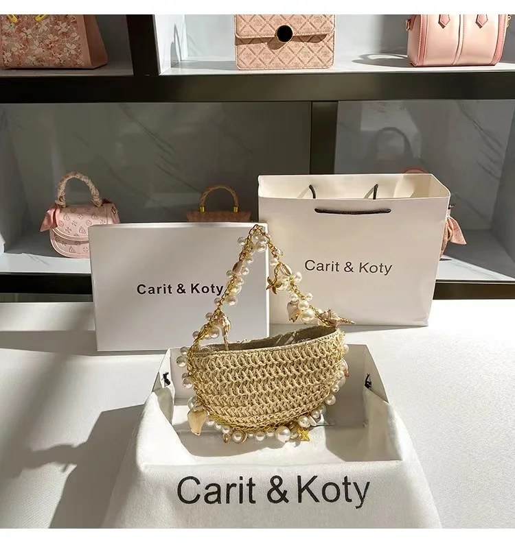 Luxury Designer Straw Woven Handmade Handbag Pearl Beading Handle Evening Bag Lady Clutch Purse Women Beach Bag Shoulder Bag