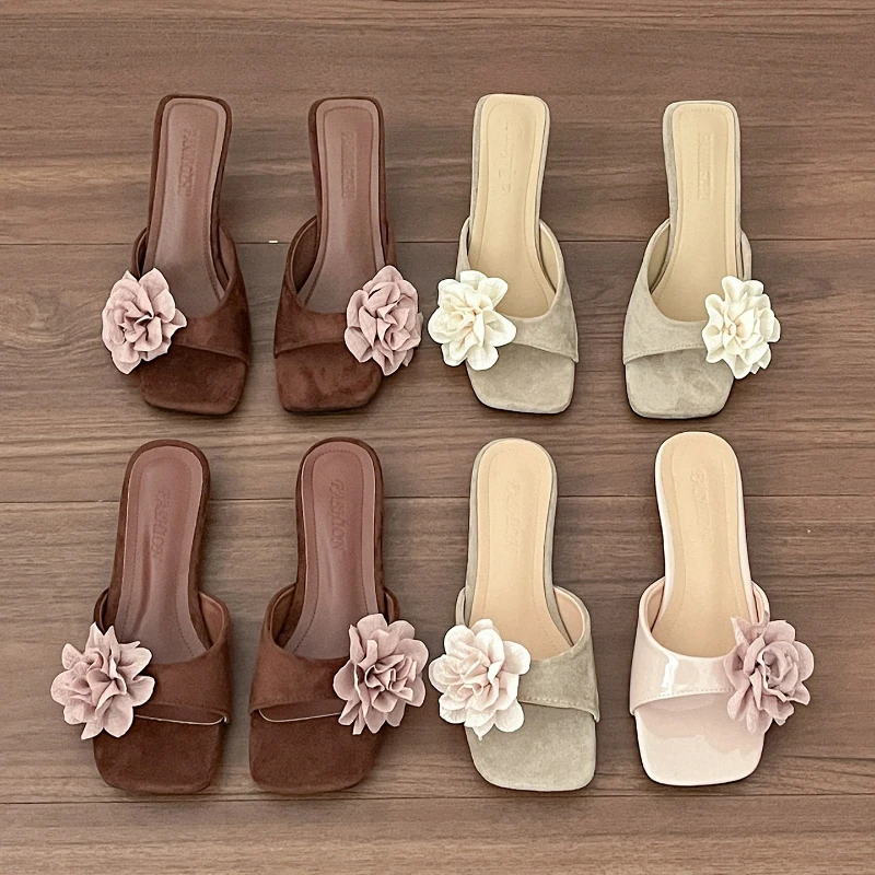 

Vintage Summer Thin Heel Flower Women Slippers Fashion Open Toe Slip On Shoes Ladies Concise Outdoor Vacation Dress Slides