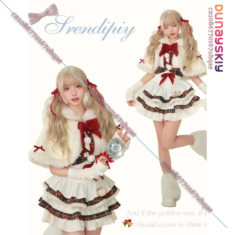 2024 Winter Christmas Robe KAWAII Lolita Dress Sweet Plush Bow Cape Coat Strap Cake Skirt Set Christmas XMAS Party Uniformed