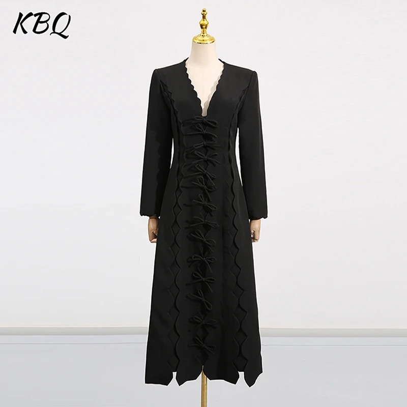 

KBQ Temperament Spliced Bowknot Dresses For Women V Neck Long Sleeve High Waist Elegant Slimming Dress Female Fashion Style New