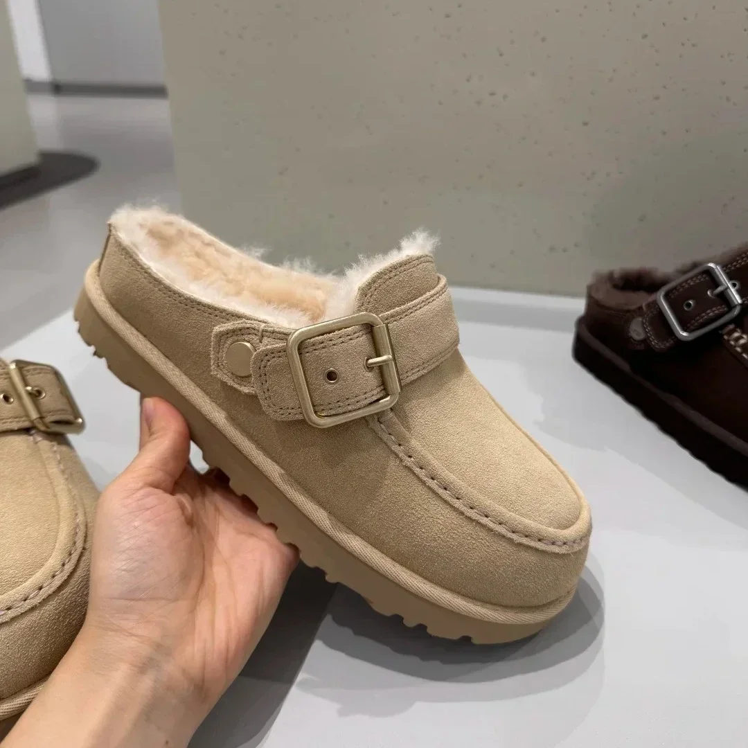2027 Winter Warm Thick Sole Women Casual Sheepskin Leather Slippers Retro Buckle Fur Lining Cotton Shoes Brown Woman Shoes