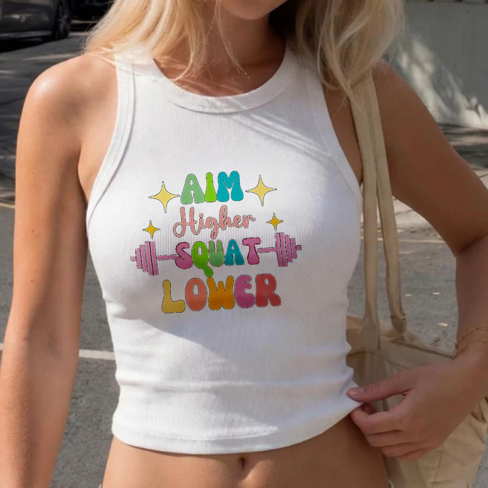 Aim Higher Squat Lower Colorful Bubble Letter Graphic Ribbed Crop Tank Women Leg Day Workout Sleeveless Gym Gift Tank Camisole