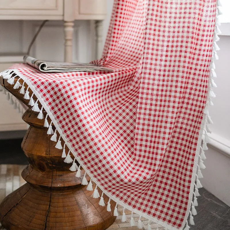 Korean Plaid Cotton Linen with Tassel Window Curtain Blackout Valance Living Room Bedroom Balcony Decoration Drape Wind Curtain