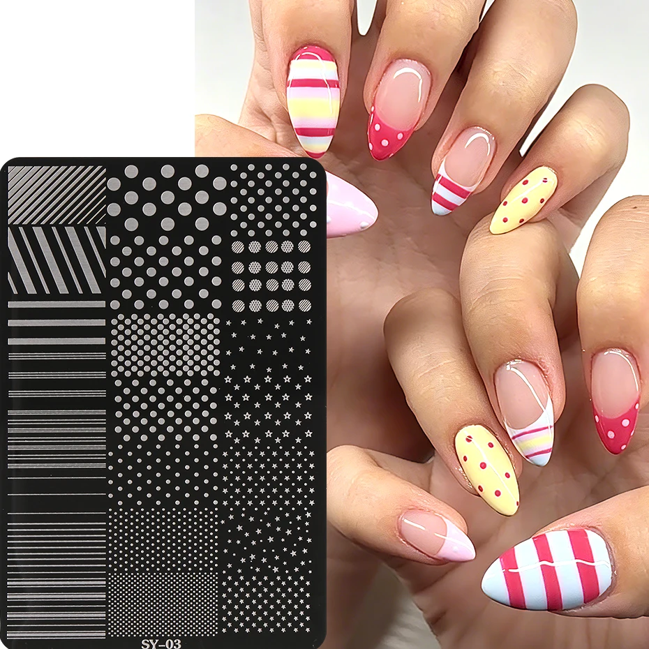 Image of Polka Dot Star Nagelstempelplatte Nagelkunst Stempelvorlage Streifenlinienmuster Maniküre Druckschablone Nageldekorationswerkzeuge