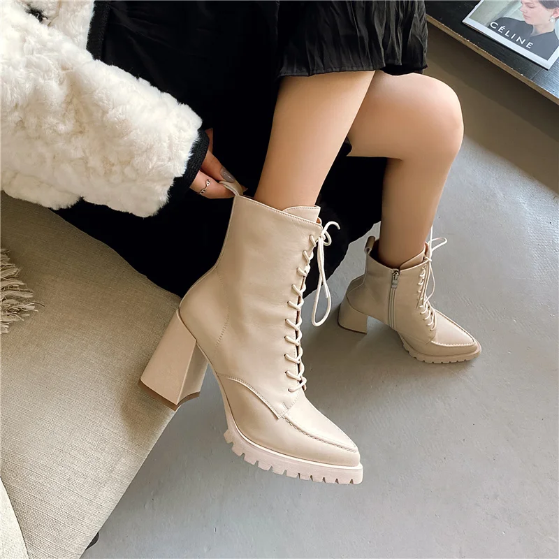 Meotina Women Genuine Leather Ankle Boots Pointed Toe Thick High Heel Zipper Lace-up Lady Short Boot Autumn Winter Shoes Beige