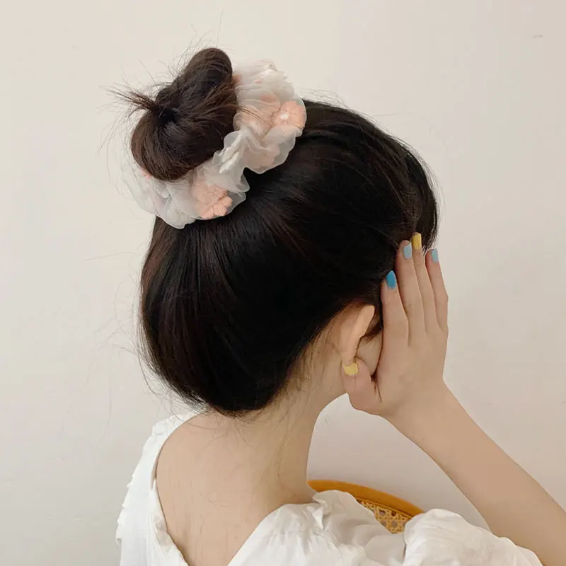 Sweet Embroidered Flower Headband Ponytail Transparent Hair Accessories Mesh Scrunchies Hair Tie Embroidery Hair Rope INS