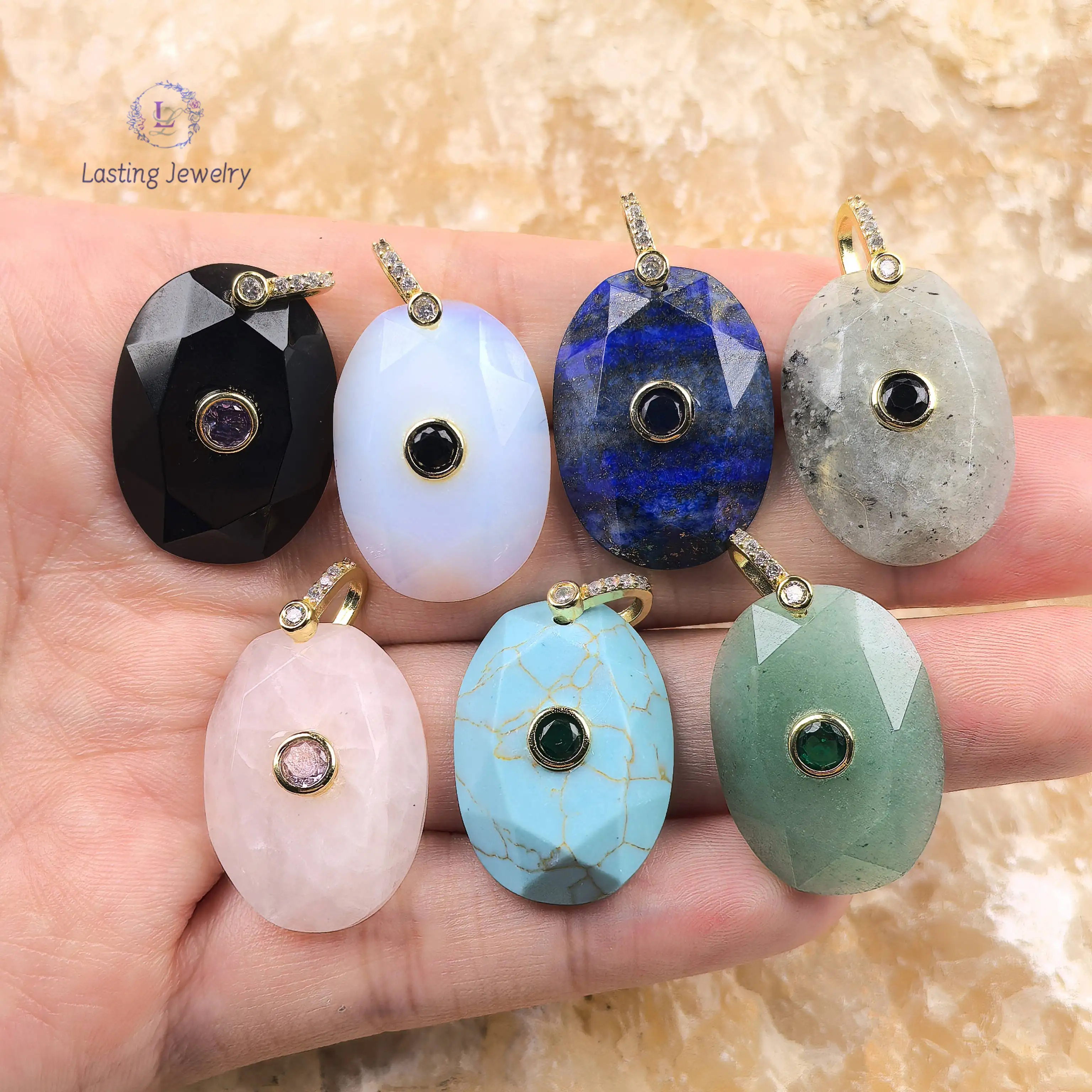 

18x25mm Faceted Oval Gemstone Pendants With Inlaid Zircon Beads Healing Crystal Turquoise Charms For Necklace Jewelry Making