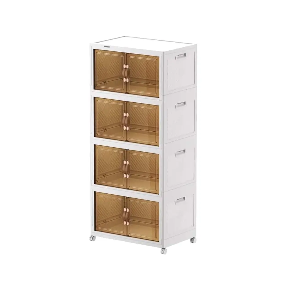 

4 Tier Collapsible Plastic Storage Bins With Lids, 26 Quart Stackable, Durable With Wheels And Double Doors, Closet Storage