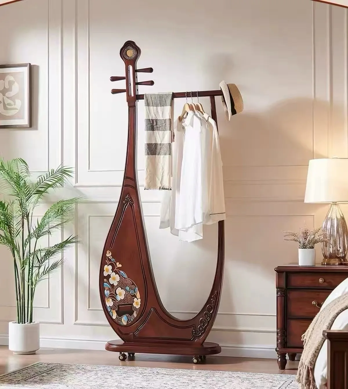 American-style Pipa Solid Wood Coat Rack, Floor-standing Clothes Hanger, Vintage Painted Mobile Clothes Rack, Bedroom Furniture