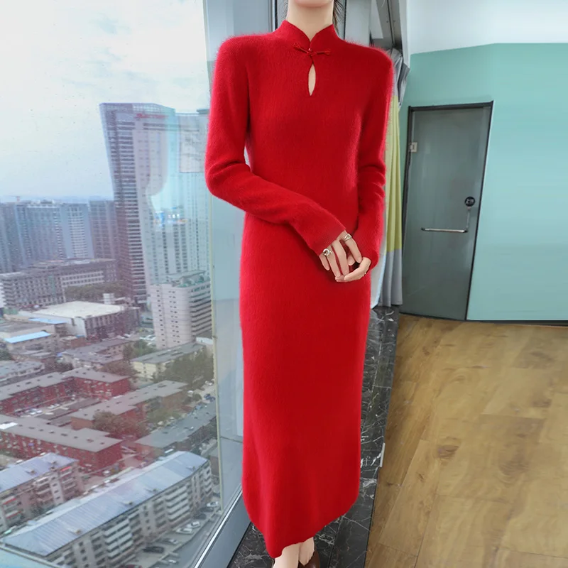 Autumn Women\'s 100% Mink Cashmere Sweater Stand-up Collar Dresses Winter Lady Thick Pullover Female Fashion Solid Knitted Dress