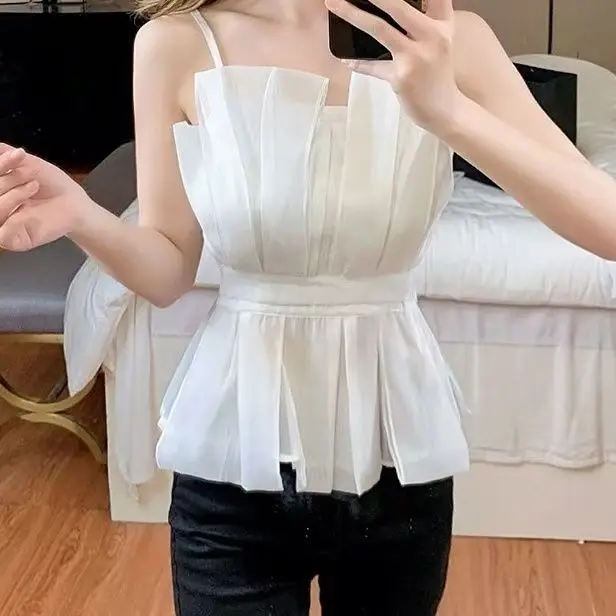 Sexy Hotsweet Camisole Vest Tops Women 2026 Summer Slim Seeveless Three-dimensional Pleats White Shirt Patchwork Chiffon Blouse