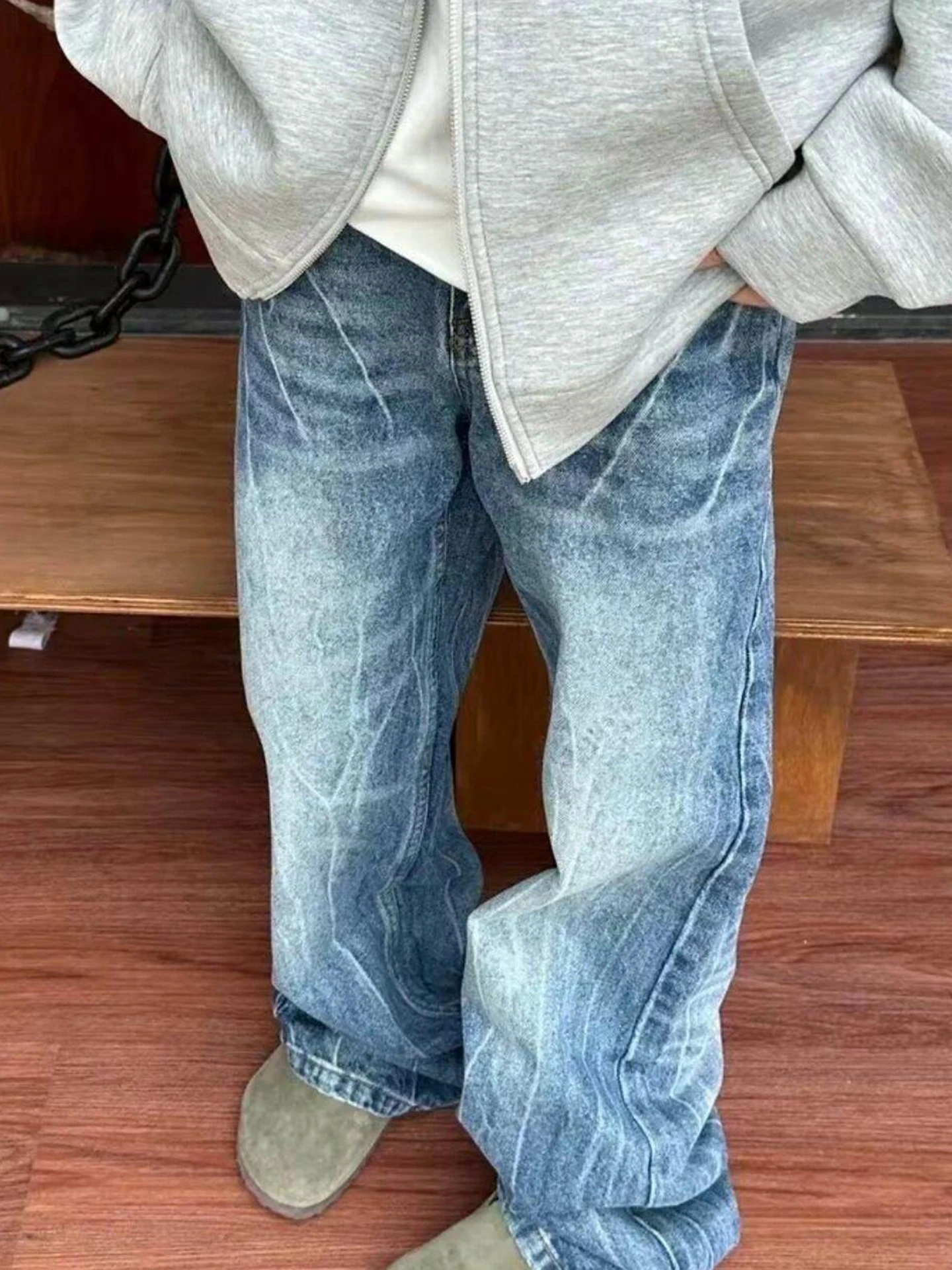

Blue Lightning Split Blade Men's Jeans American High Street Heavy Duty Water Wash Straight Leg Micro Flare Pants Casual Wear