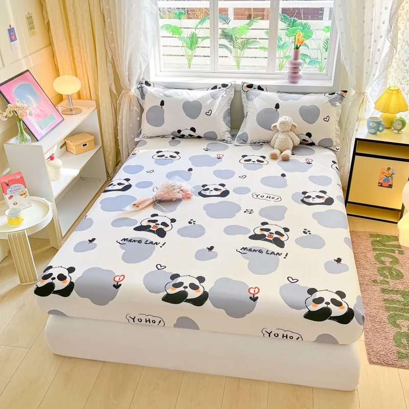 1pc 100%Cotton Bed Sheet for Kids Panda Printed Cute Cartoon Style Fitted Bed Sheet with Elastic Band 360All-inclusive Bed Sheet