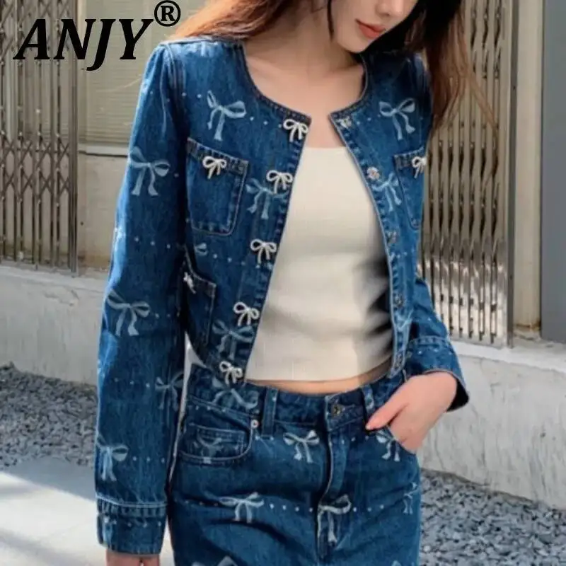 

ANJY Autumn New Women's Bows Decoration Printed Fresh Elegant Round Neck Fashionable Denim Jacket Ins Tide Versatile Coat A11033