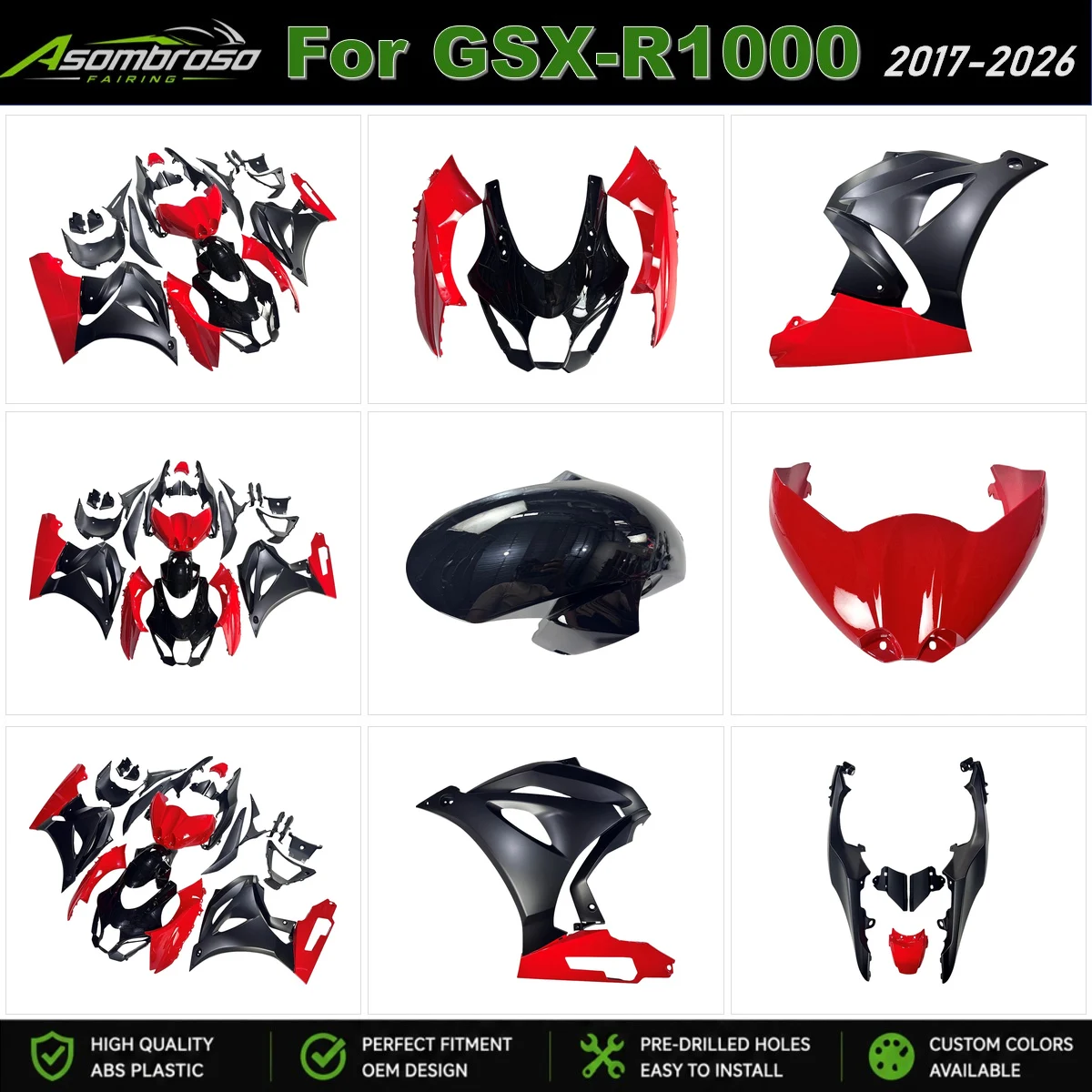 Full Injection Mold Fairing Kit For Suzuki GSX-R1000 2017 to 2026 Aftermarket Motorbike Bodywork Panel Set | Red Black