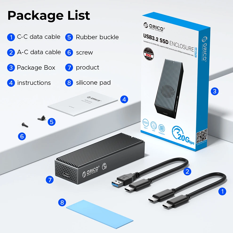 ORICO 20Gbps M.2 NVMe الضميمة USB 3.2 نوع C M2 SSD خارجي عالي الدقة صندوق تخزين القرص الصلب مع مروحة التبريد