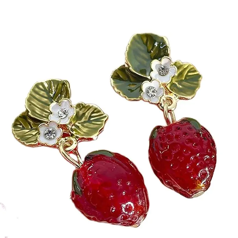 Obega Girls Cute Strawberry Drop Earrings Green Leaves White Flower Red Berry Crystal Stone Earrings ForSummer Jewelry Gift image 2