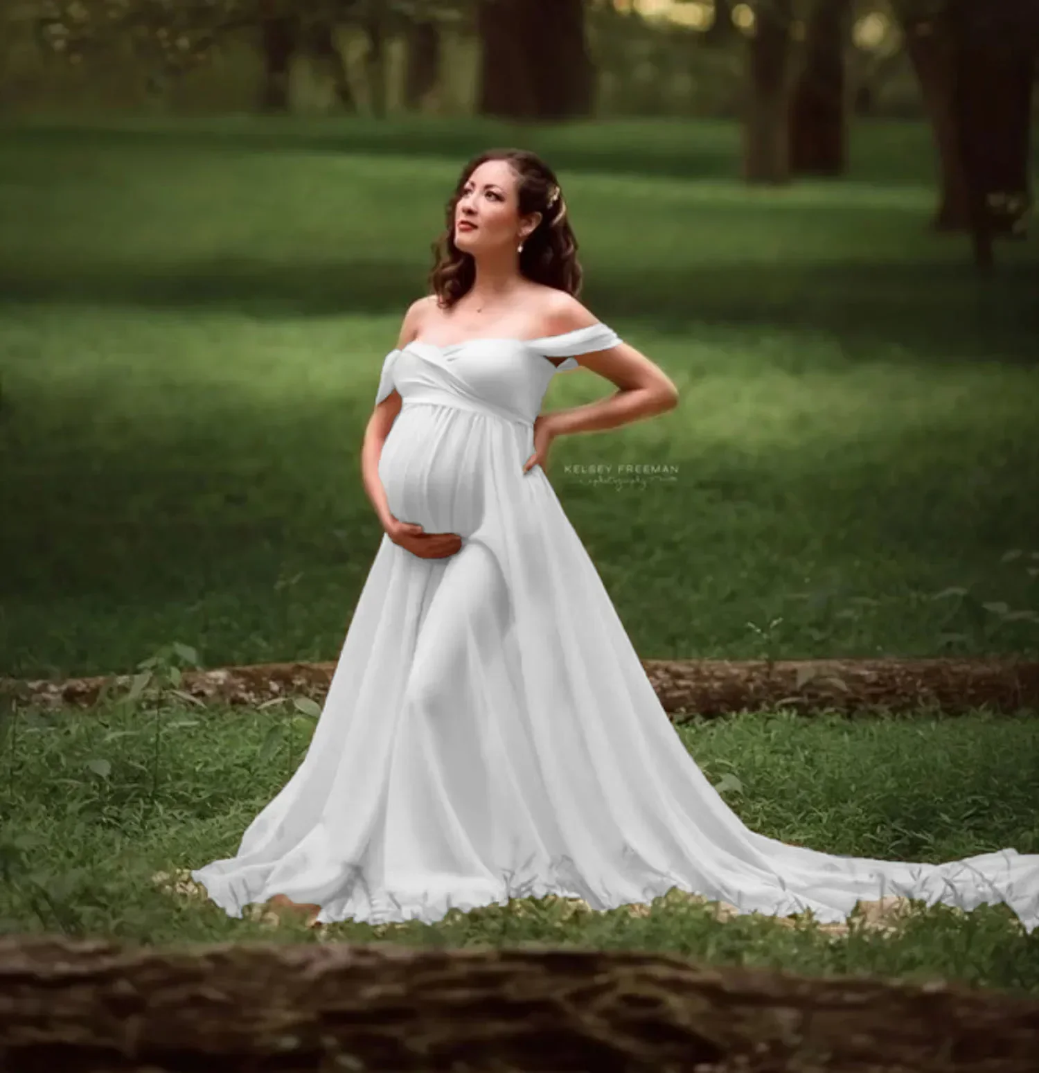 

Shoulderless Maternity Dresses Photography Props Cotton Split Side Maxi Gown For Pregnant Women Long Pregnancy Dress Shoots