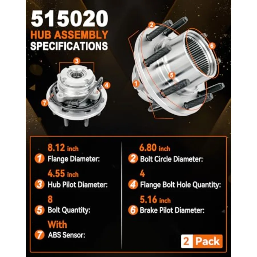 2Pcs Front Wheel Bearing Hub Assembly Fit for F250 er Duty/ F350 er Duty 1999 2000 2001 2002 2003 2004, Excursion 2000-2002, 4W