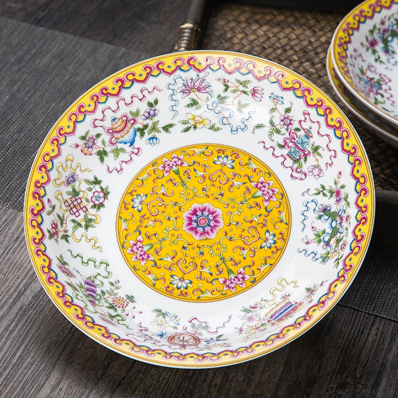 Jingdezhen Ceramic Enamel Vegetable Plate Deep Plate Rice Plate Chinese Household High Temperature Ceramic Creative Plate