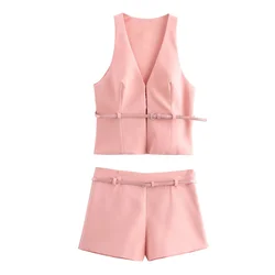 PB&ZA2024 autumn new women's clothing fashion temperament slim fit waist cinching simple vest belt decoration shorts set