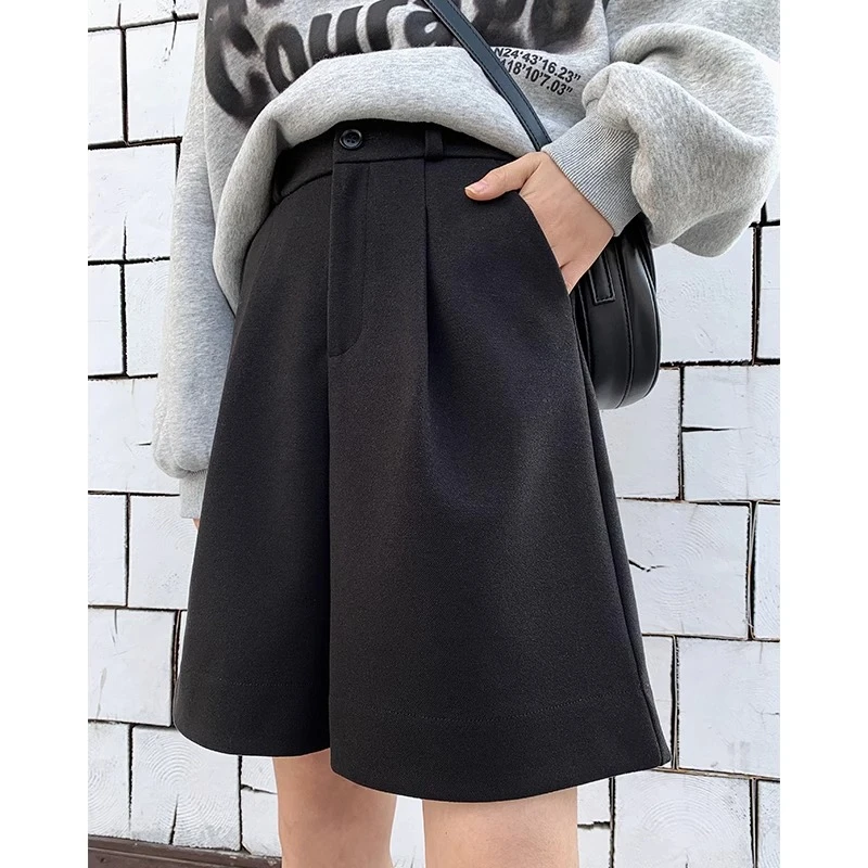 Suit Shorts Women Autumn and Winter New Fashion Basics Solid Color High-waisted Office Lady Wide Leg Knee Length Pants Female