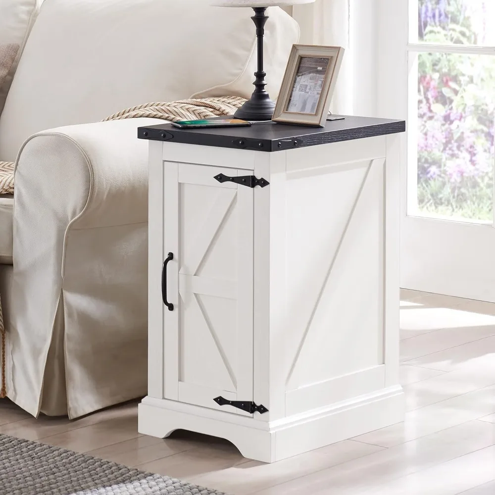

Nightstand with Charging Station, Rectangular Farmhouse End Table with Barn Door and Adjustable Storage Shelf, Sofa Side Table